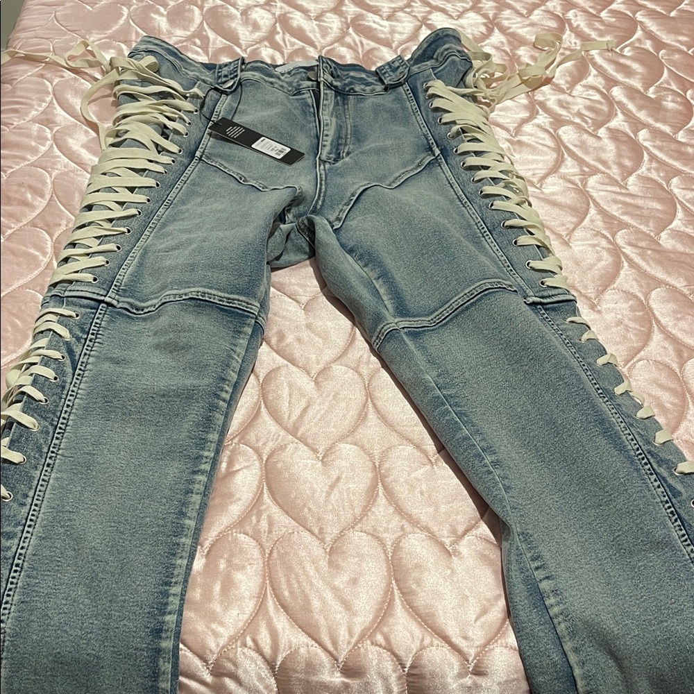 Fashion Nova Light Blue Lace-Up Straight Leg Jeans